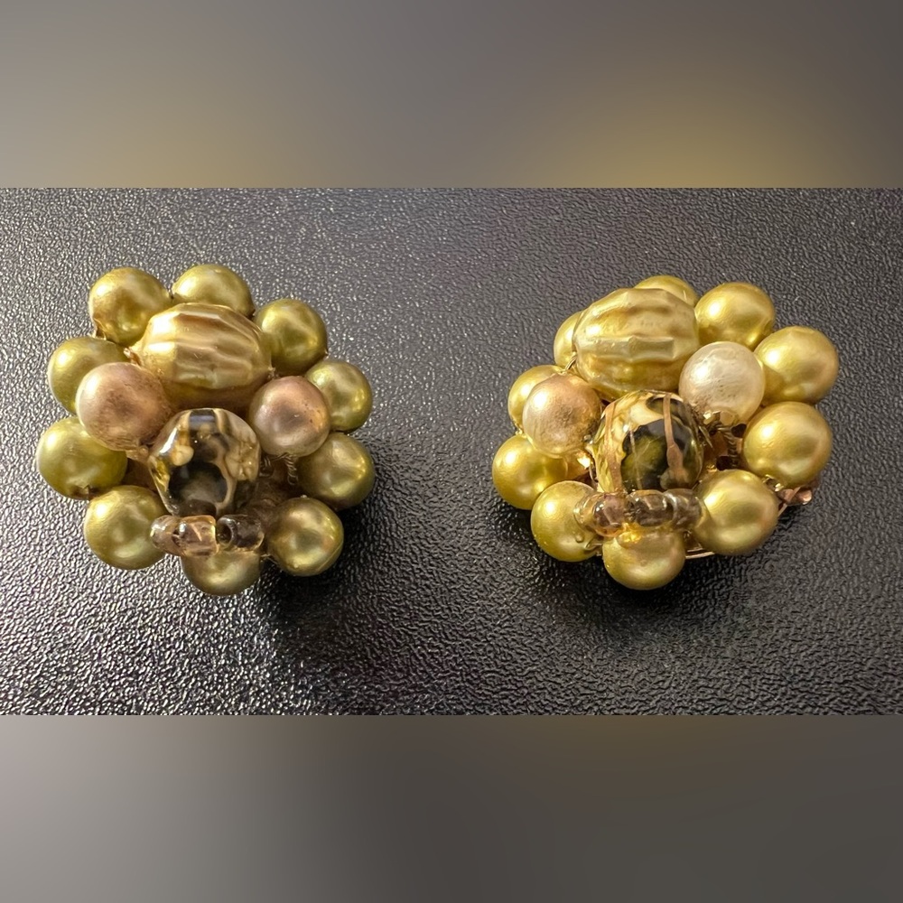 Vintage Gold Tone Hong Kong Faux Pearl Champagne Bronzed Clip On Earrings